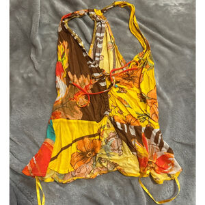 Women's Free People Floral Halter Tank Top S Yellow Brown